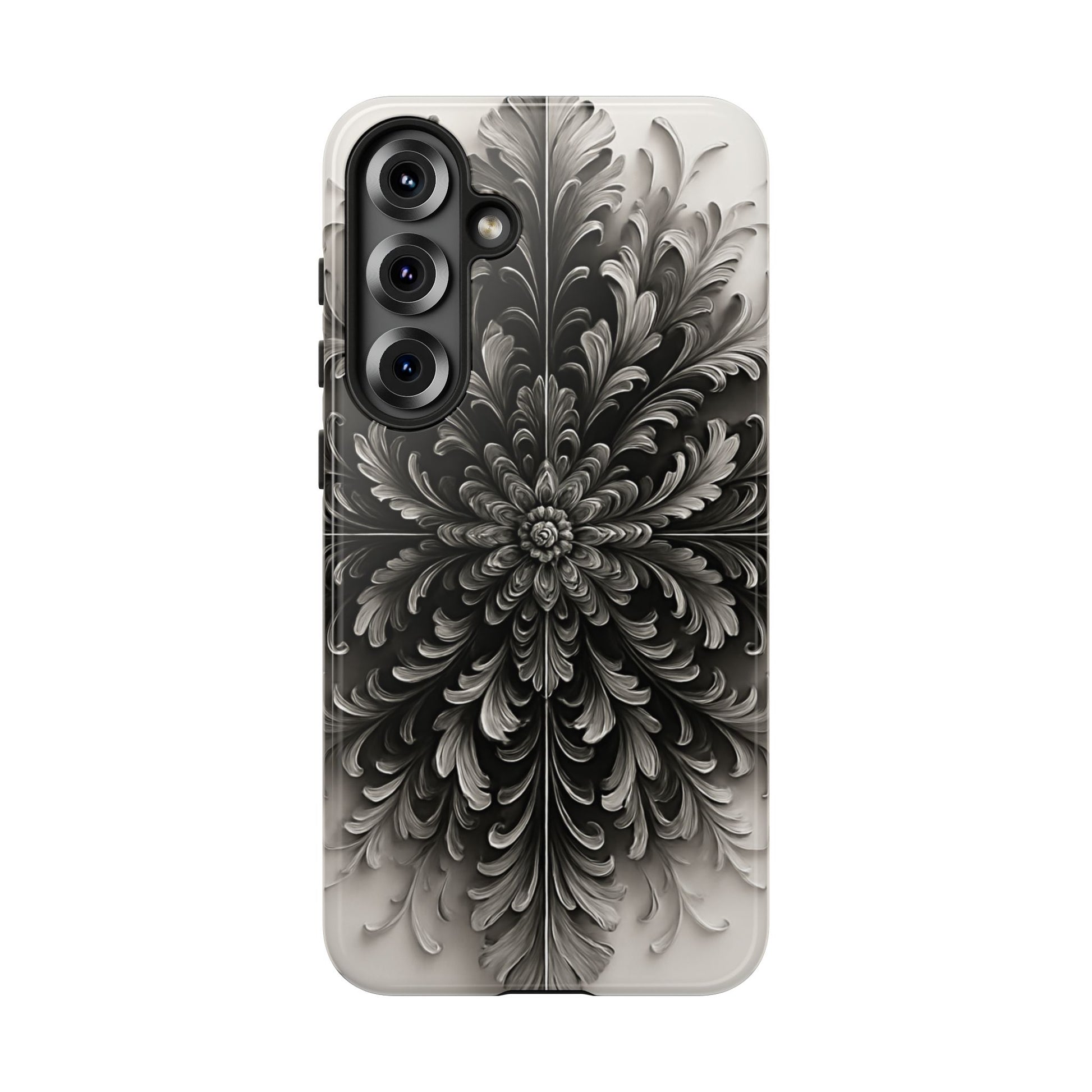 Obsidian Bloom - Elegant Black & White Samsung Galaxy S25 Plus Tough Phone Case - Intricate Mandala Flower Design