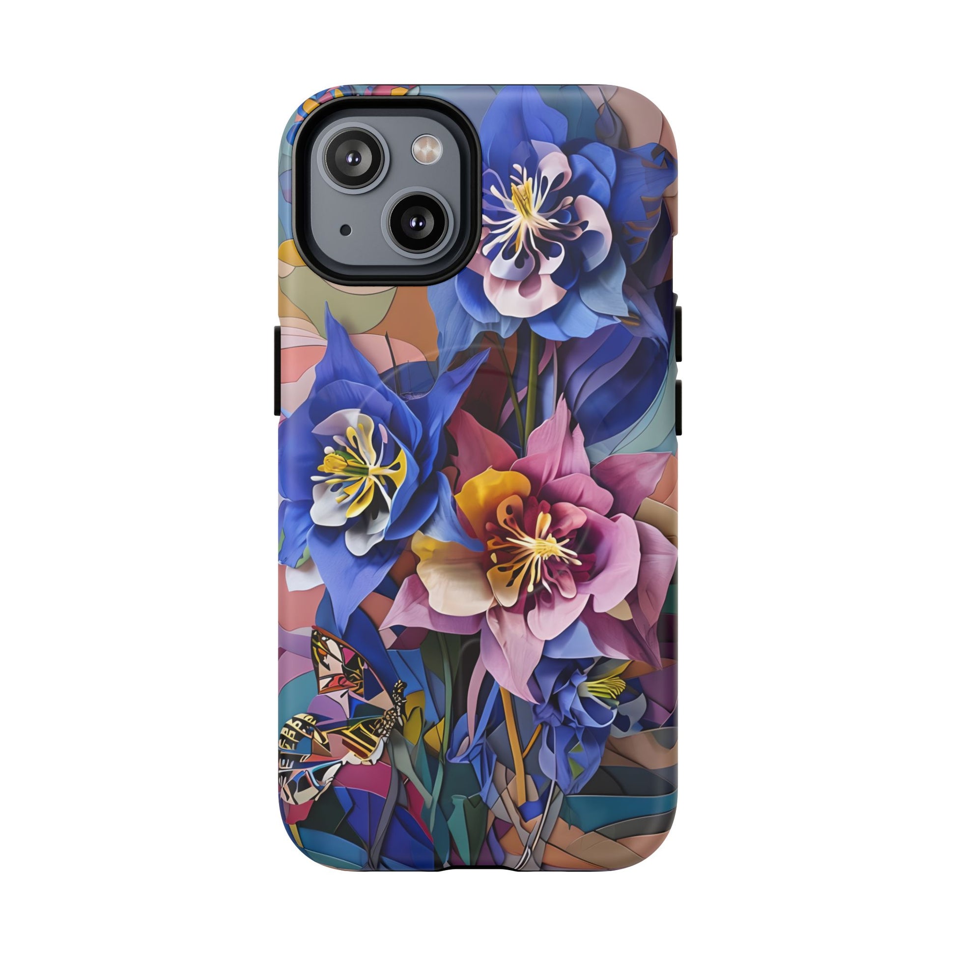 Blue Columbine Carnivale - Artistic Floral & Butterfly iPhone 14 MagSafe Phone Case - Vibrant Botanical Design