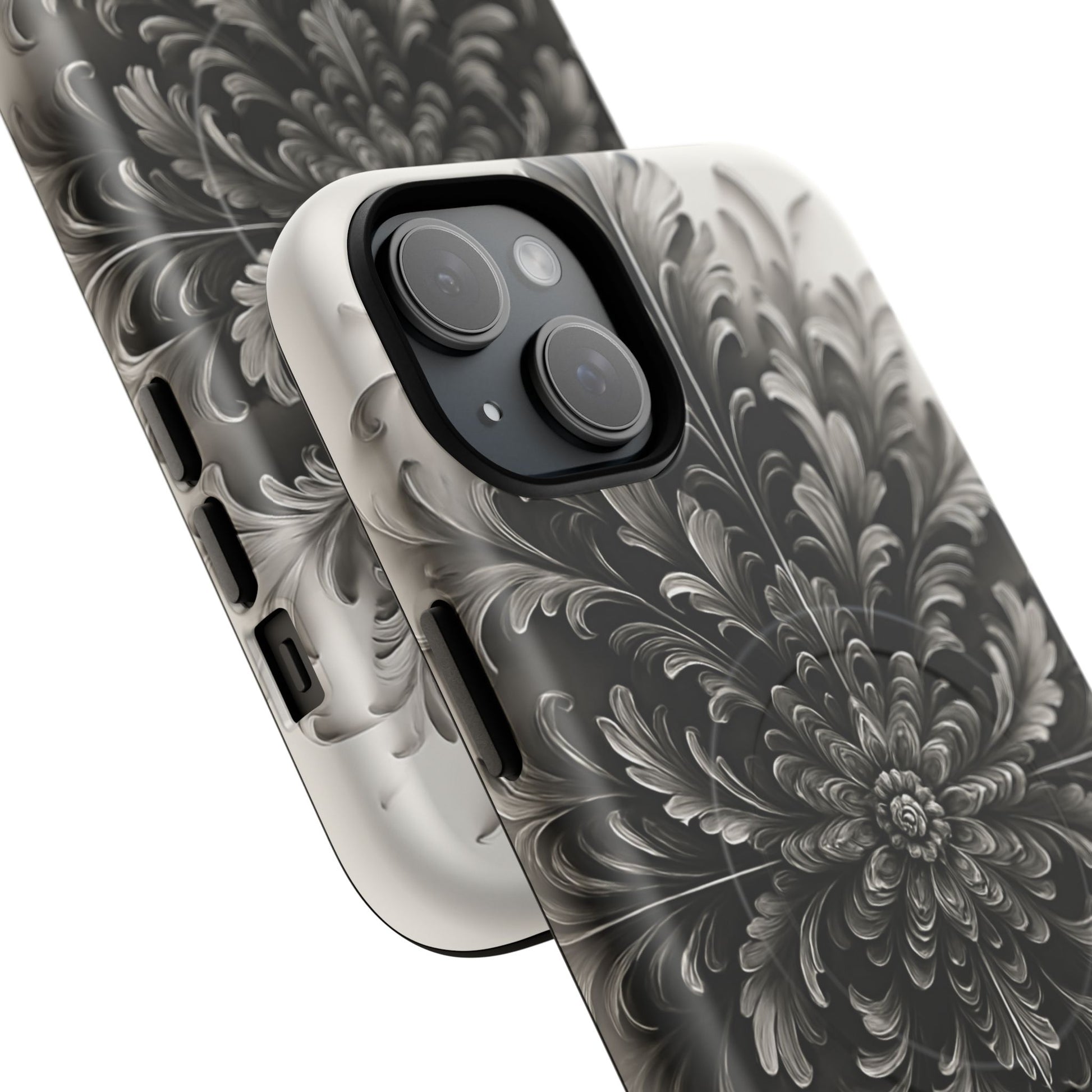 Obsidian Bloom - Elegant Black & White iPhone 15 Plus MagSafe Phone Case - Intricate Mandala Flower Design
