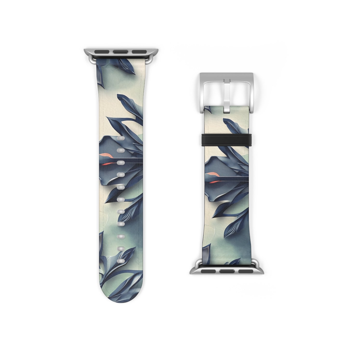 Frosted Indigo Bloom Apple Watch band strap with silver clasp showing indigo floral pattern with frosted blue highlights