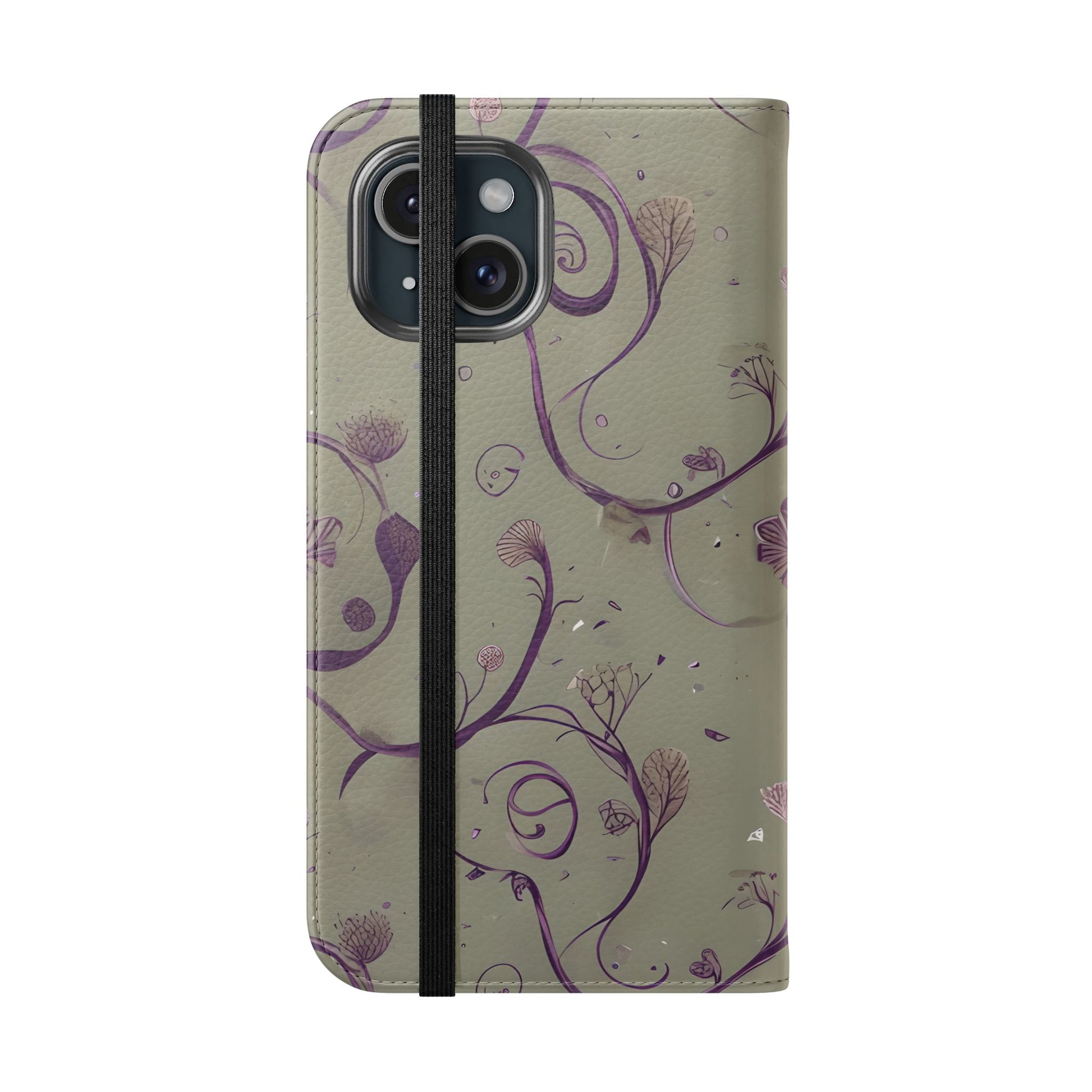 Twilight Thistle Bloom Wallet Phone Case - Elegant Purple Floral Vine Flip Cover for iPhone 15