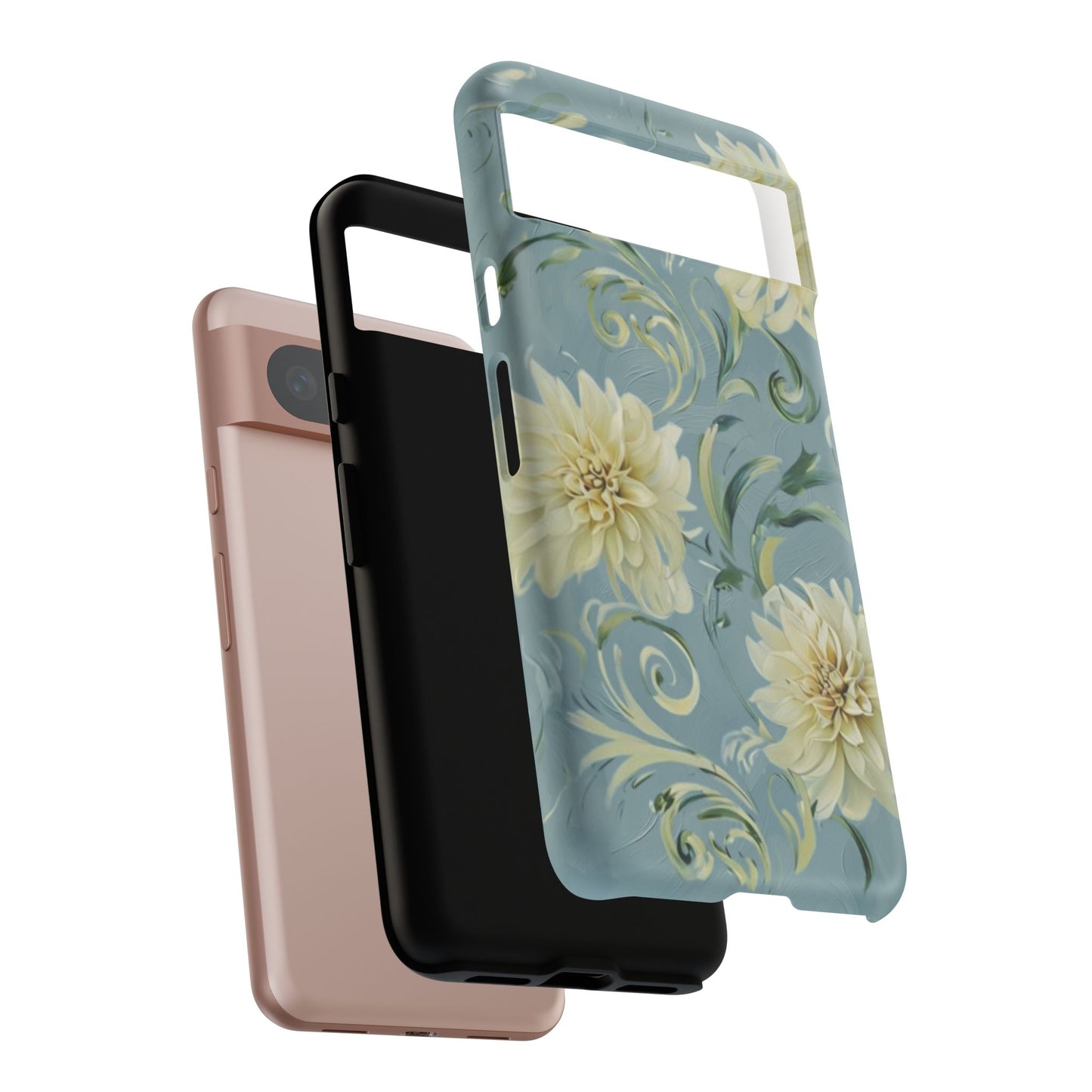 Golden Dahlia Trio - Elegant Floral Google Pixel Tough Phone Case - Artistic White & Blue Dahlia Design