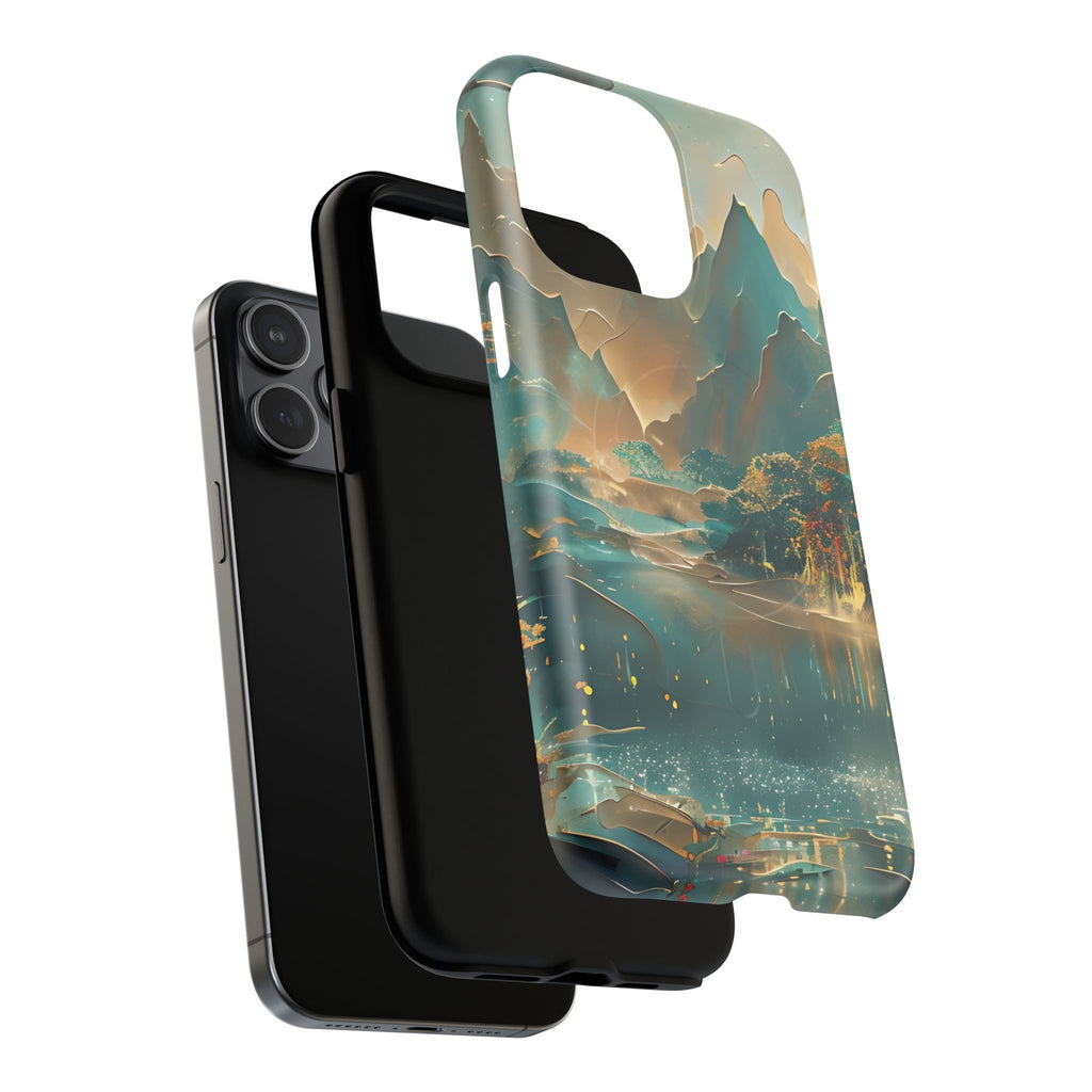 Misty Horizon - Serene Landscape Art iPhone 15 Pro Max MagSafe Phone Case - Tranquil Mountain & Lake Design