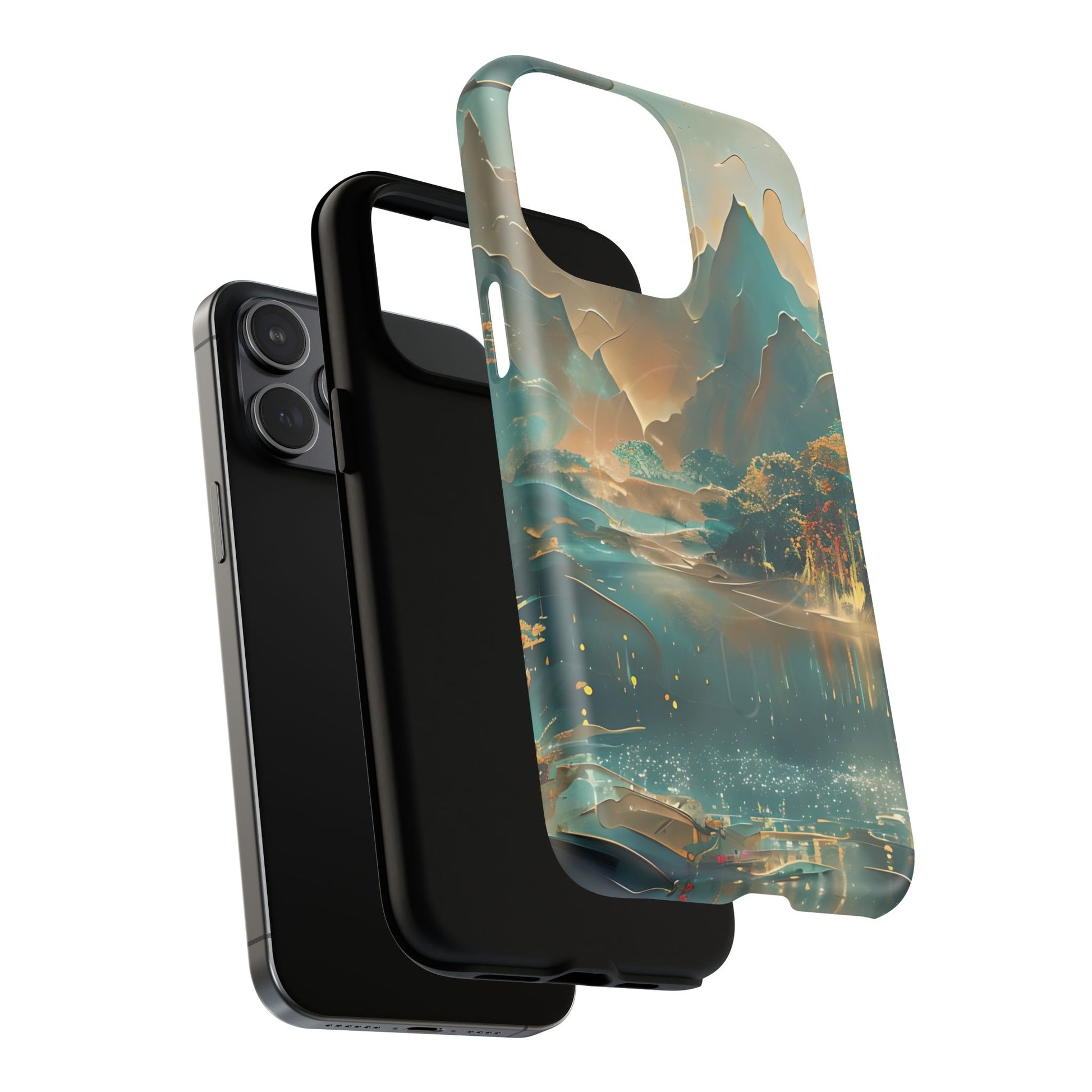 Misty Horizon - Serene Landscape Art iPhone 15 Pro Max MagSafe Phone Case - Tranquil Mountain & Lake Design