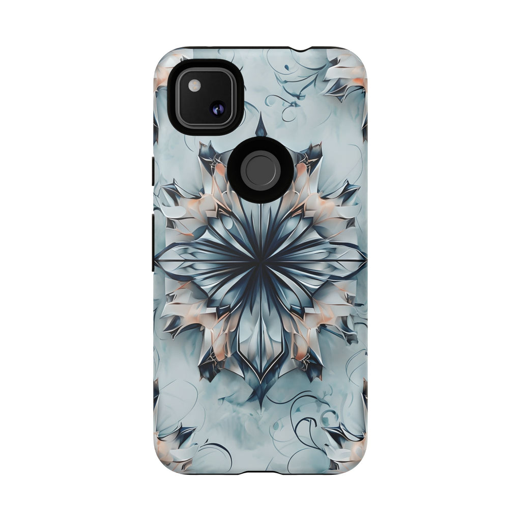 Indigo Mirage - Artistic Kaleidoscope Collection Artistic Floral - Google Pixel 4a Tough Phone Case - Bold Indigo Symmetrical Design