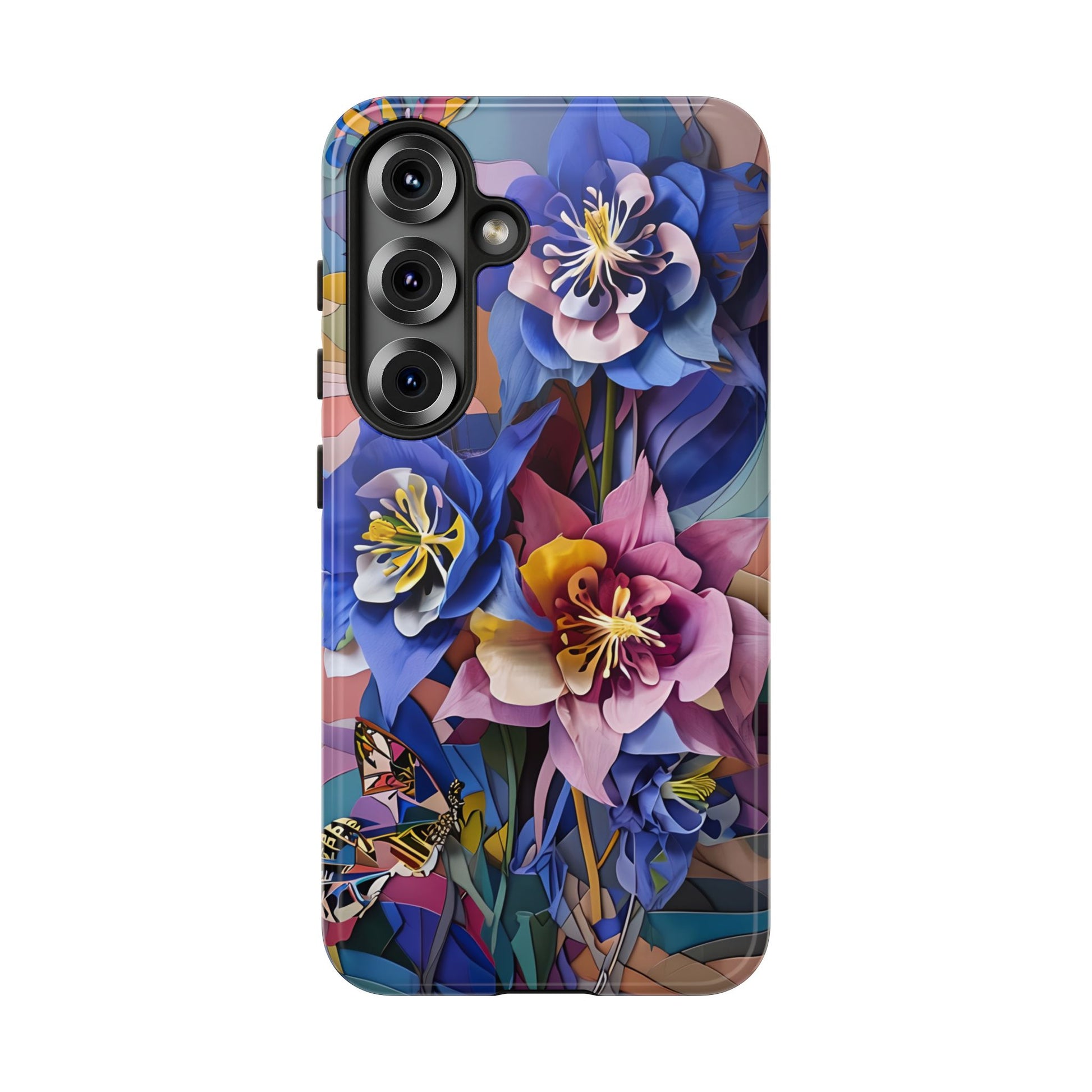 Blue Columbine Carnivale - Artistic Floral & Butterfly Samsung S25 Tough Phone Case - Vibrant Botanical Design