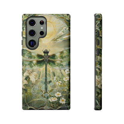 Emerald dragonfly art nouveau Samsung Galaxy phone case with botanical floral design shown in front and side view
