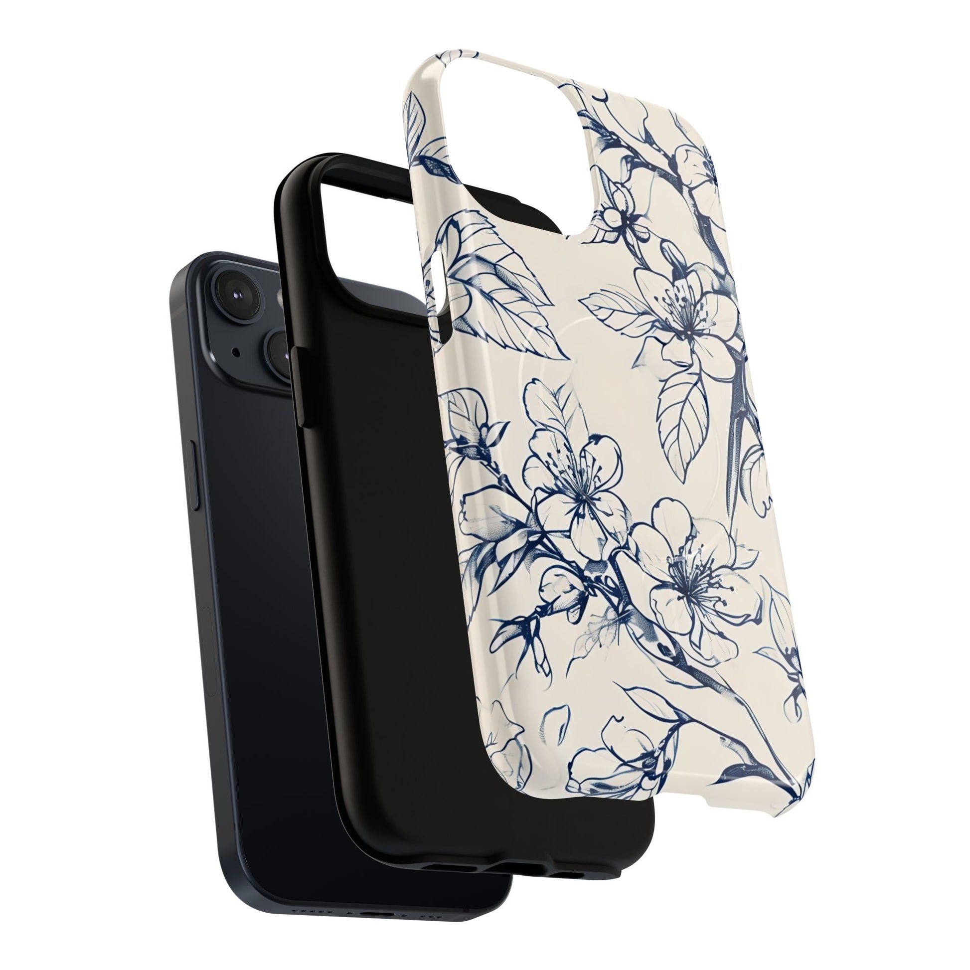 Blossom Sketch - Artistic Blue Floral - iPhone 14 MagSafe Phone Case - Hand-Drawn Botanical Design