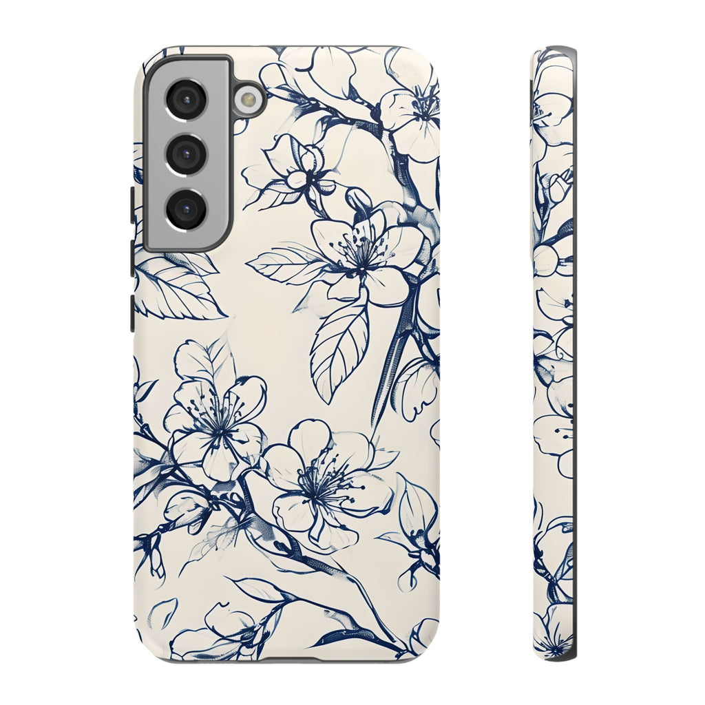 Blossom Sketch - Artistic Blue Floral Samsung Galaxy S22 Plus Tough Phone Case - Hand-Drawn Botanical Design