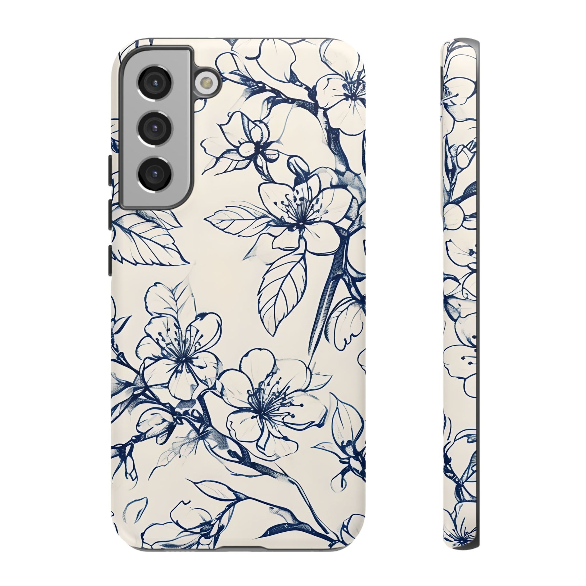 Blossom Sketch - Artistic Blue Floral Samsung Galaxy S22 Plus Tough Phone Case - Hand-Drawn Botanical Design