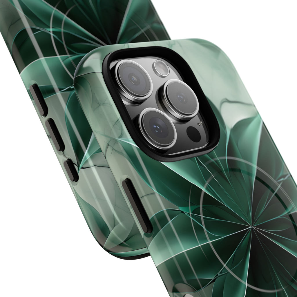 Emerald Bloom iPhone 16 Pro MagSafe Phone Case -Modern Symmetrical Floral Design, Green