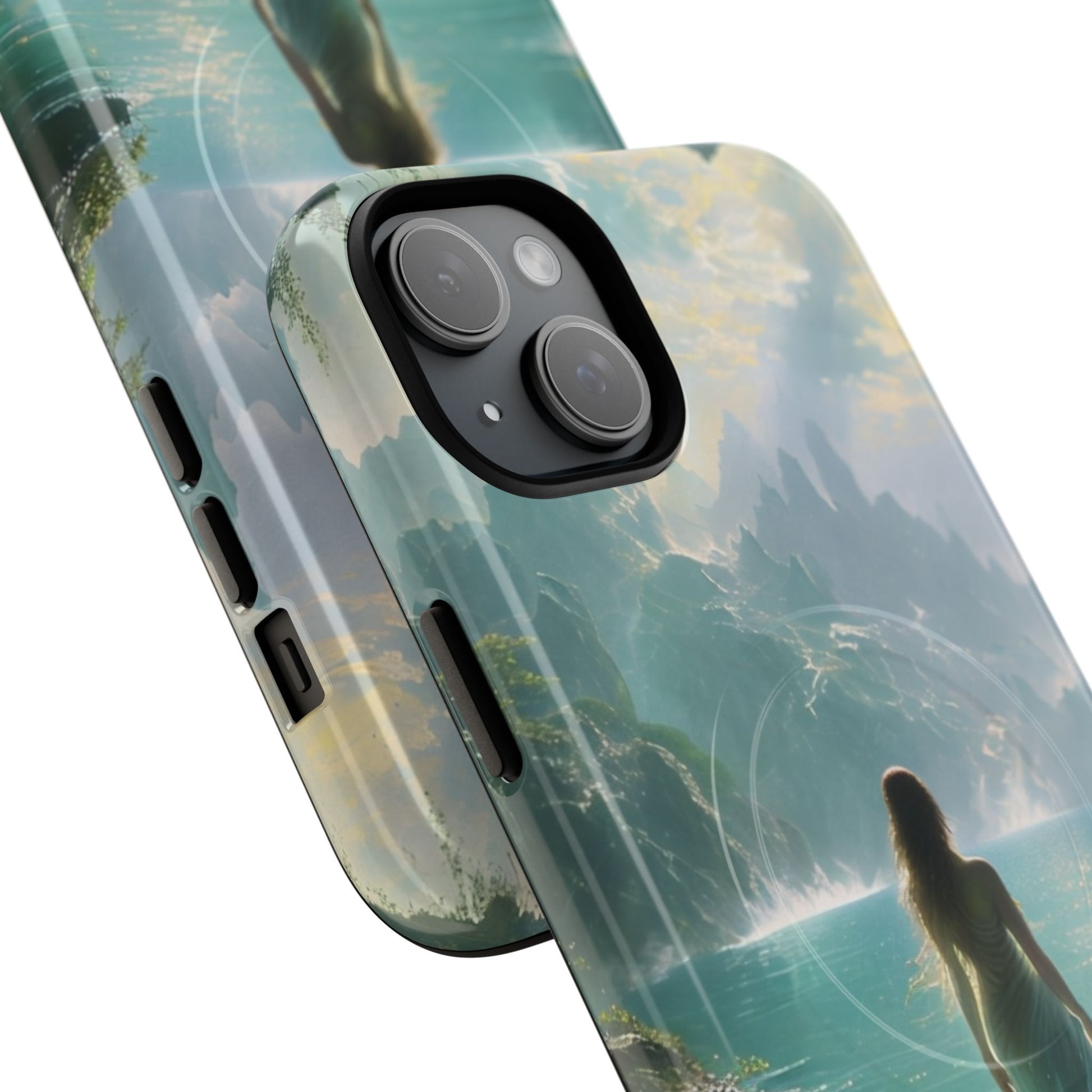 Celestial Tides - Dreamscape Art iPhone 15 Plus MagSafe Phone Case -Ethereal Woman & Fantasy Landscape Design
