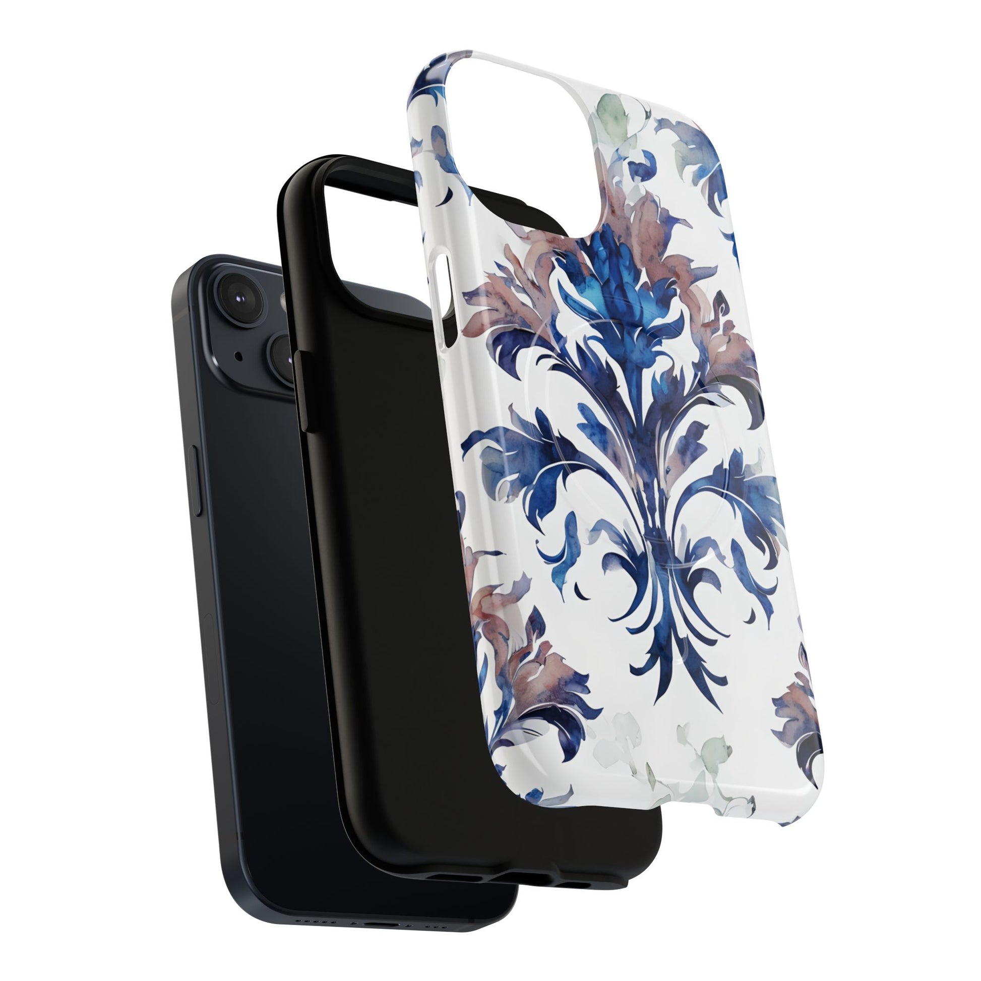 Delft Reverie - Elegant Blue & White iPhone 14 MagSafe Phone Case - Dutch Delftware-Inspired Floral Design