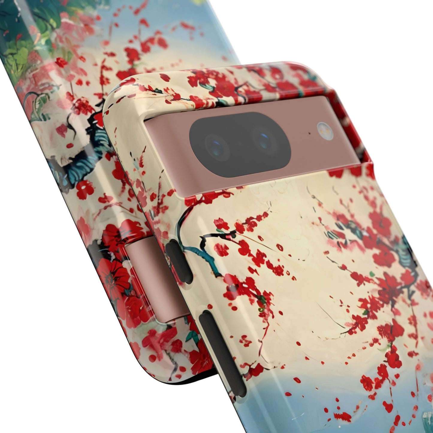 Crimson Blossom Lake - Artistic Floral Landscape Google Pixel 6 Tough Phone Case - Red Cherry Blossoms & Serene Lake Design