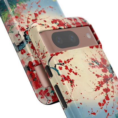 Crimson Blossom Lake - Artistic Floral Landscape Google Pixel 6 Tough Phone Case - Red Cherry Blossoms & Serene Lake Design