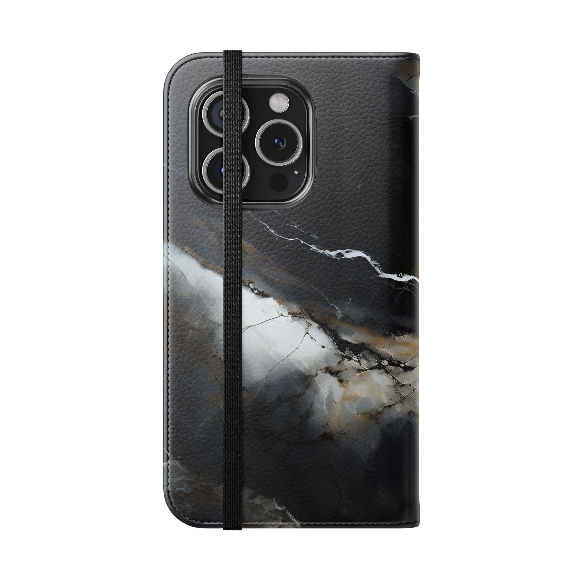 Obsidian Vein Wallet Phone Case - Black & White Marble - Flip Cover for iPhone 15 Pro