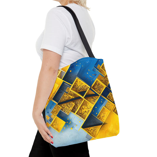Golden Ascent canvas tote bag worn over shoulder showing vibrant geometric gold design