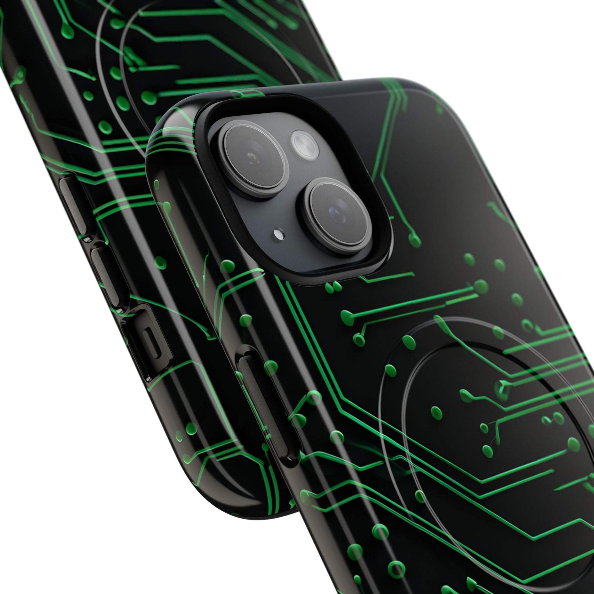 Angled view of Green Circuit Grid iPhone MagSafe protective phone case