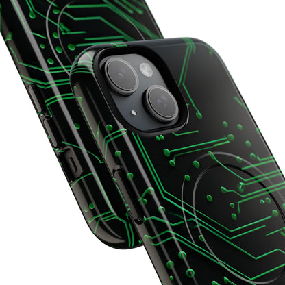 Angled view of Green Circuit Grid iPhone MagSafe protective phone case