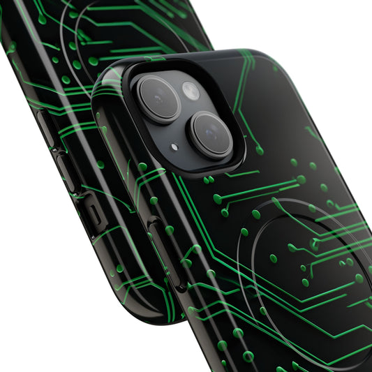 Angled view of Green Circuit Grid iPhone MagSafe protective phone case