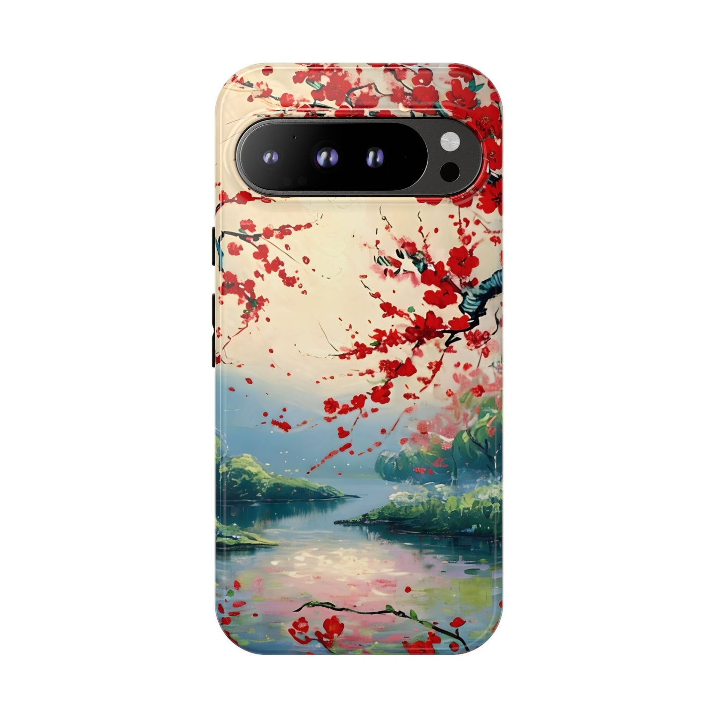 Crimson Blossom Lake - Artistic Floral Landscape Google Pixel 6 Tough Phone Case - Red Cherry Blossoms & Serene Lake Design