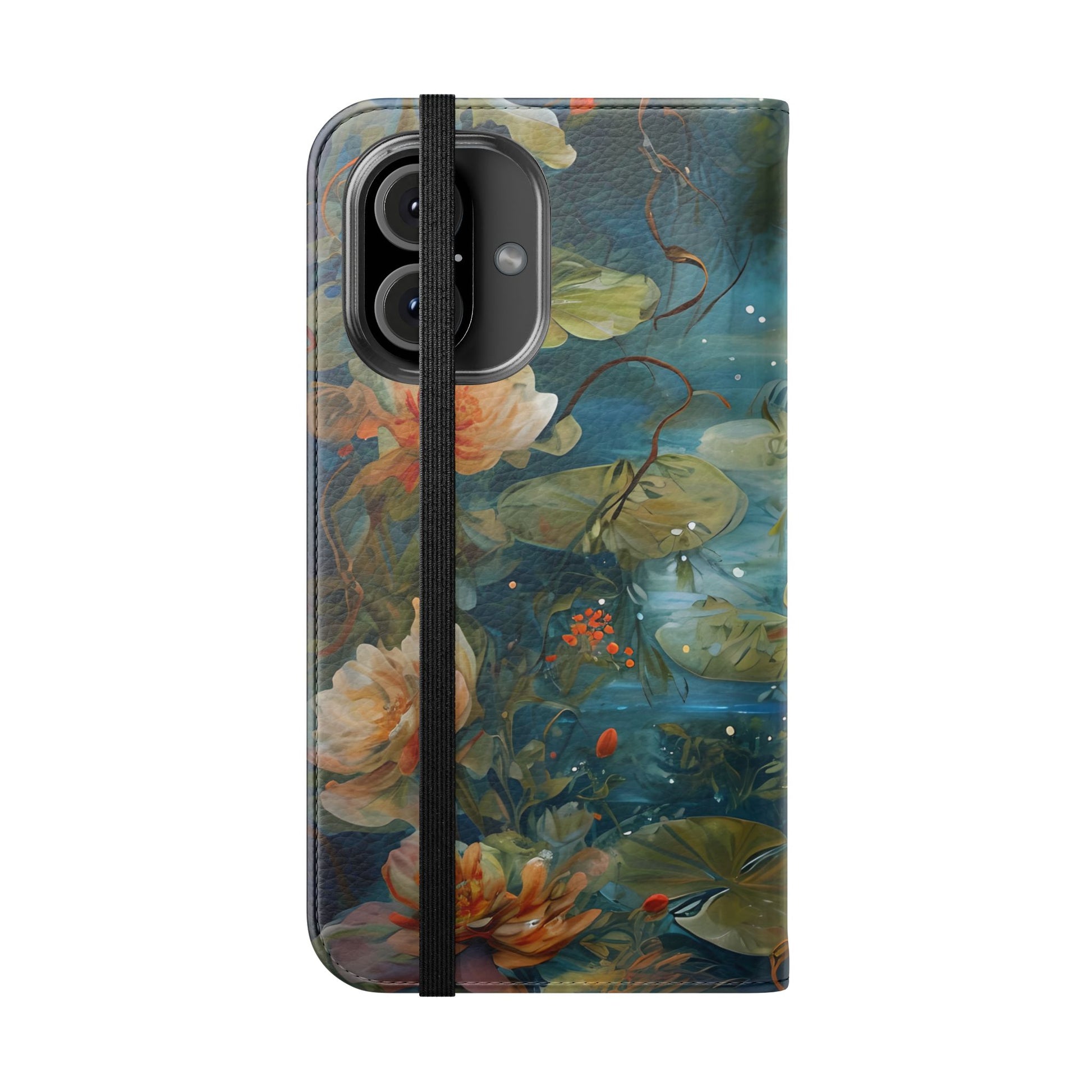 Waterlily Nocturne iPhone 16 Wallet Case - Elegant Floral Flip Cover, Vintage Botanical Phone Folio