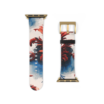 Crimson Plume Apple Watch band strap with gold clasp featuring elegant red, white and blue plume artwork