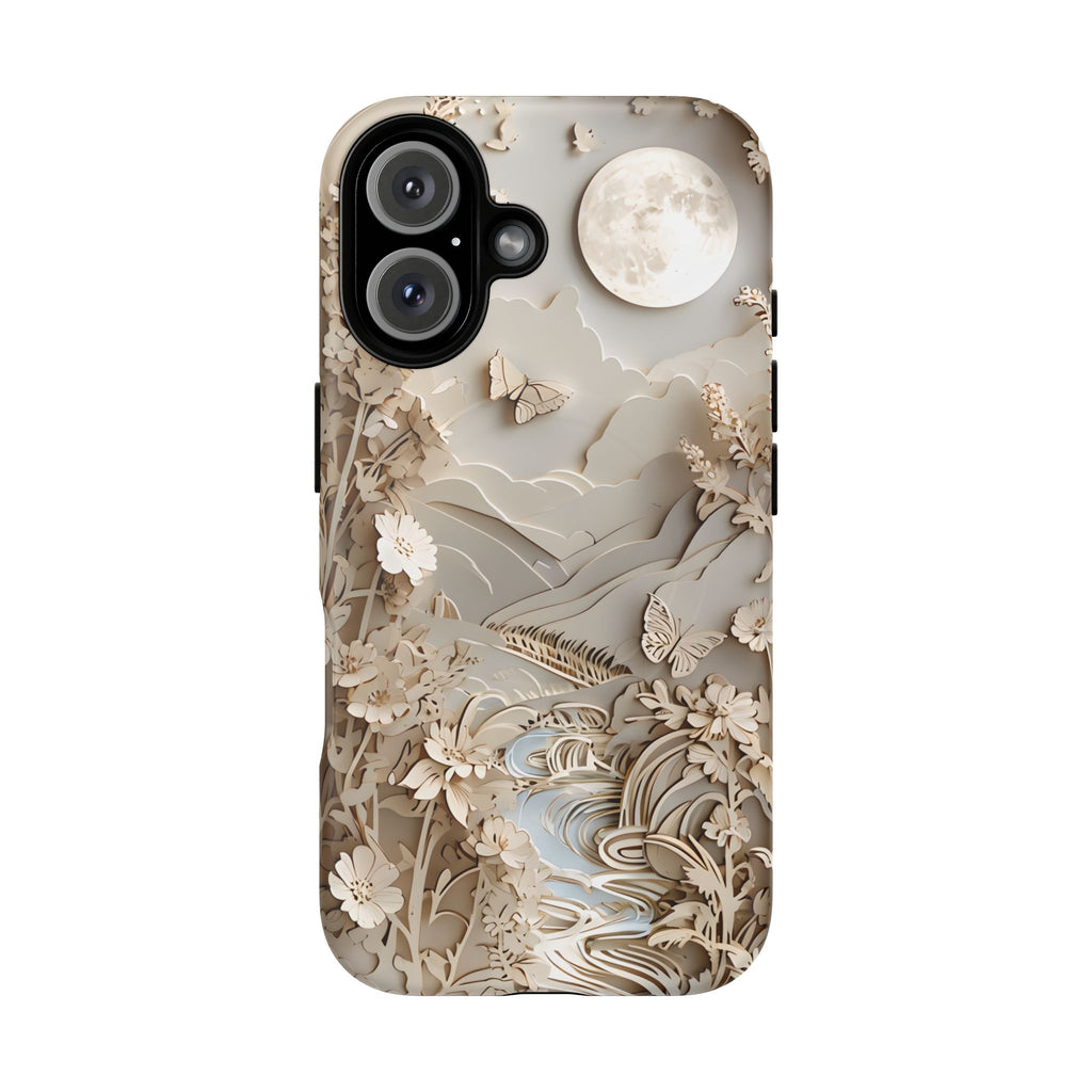 Moonlit Garden - Elegant Neutral Floral iPhone 16 MagSafe Phone Case - Painterly Botanical & Moon Design