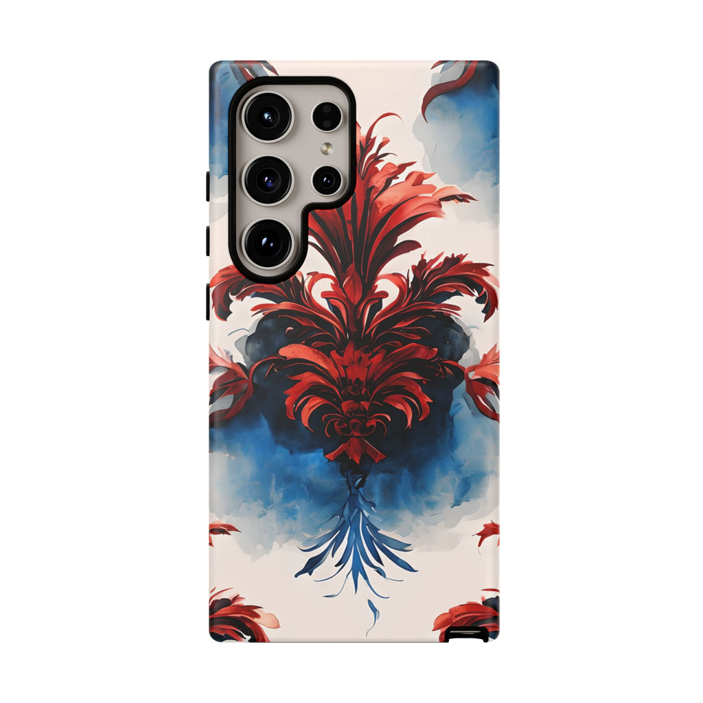 Crimson Plume - Bold Artistic Feather Samsung Galaxy S24 Ultra Tough Phone Case - Dramatic Red & Blue Design
