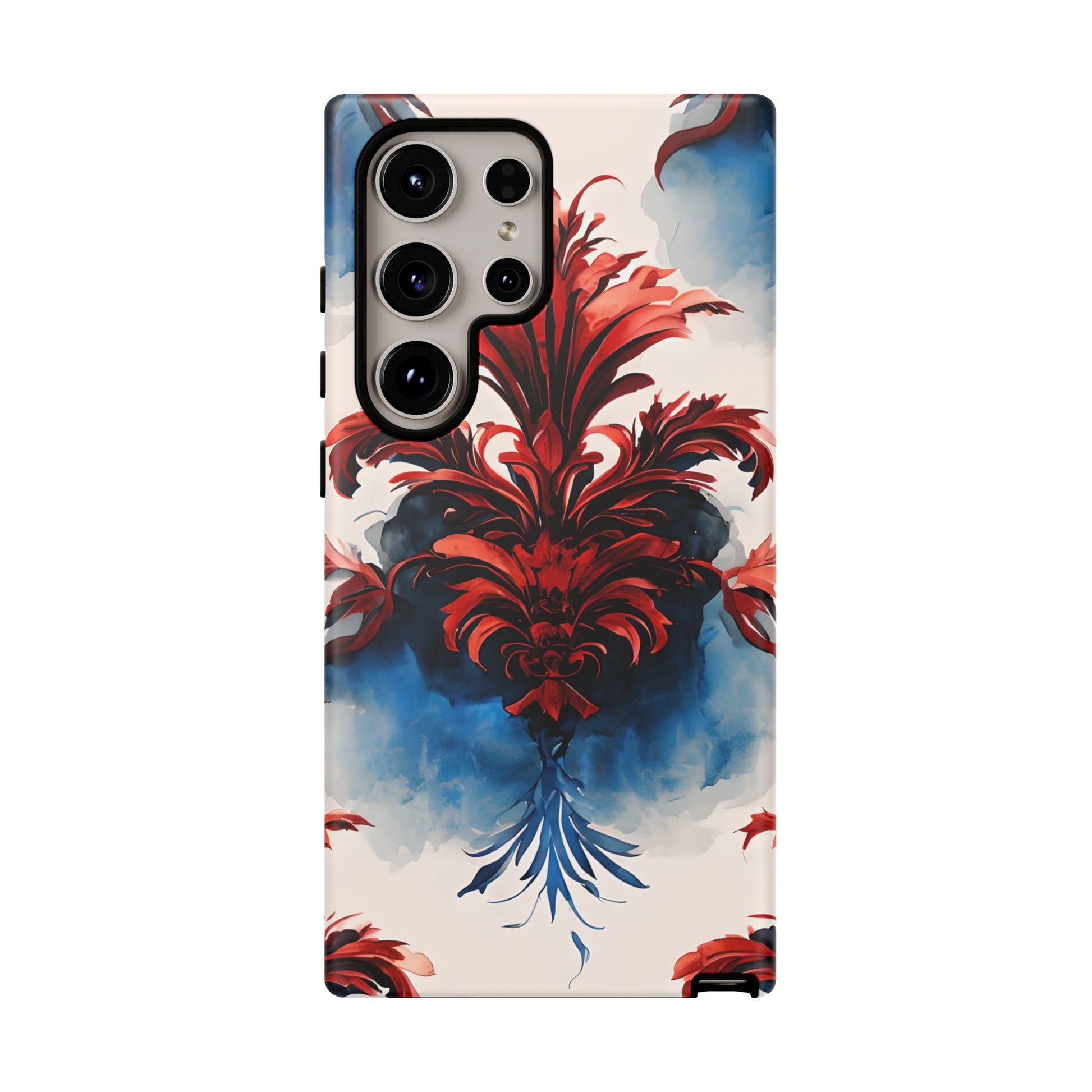Crimson Plume - Bold Artistic Feather Samsung Galaxy S24 Ultra Tough Phone Case - Dramatic Red & Blue Design