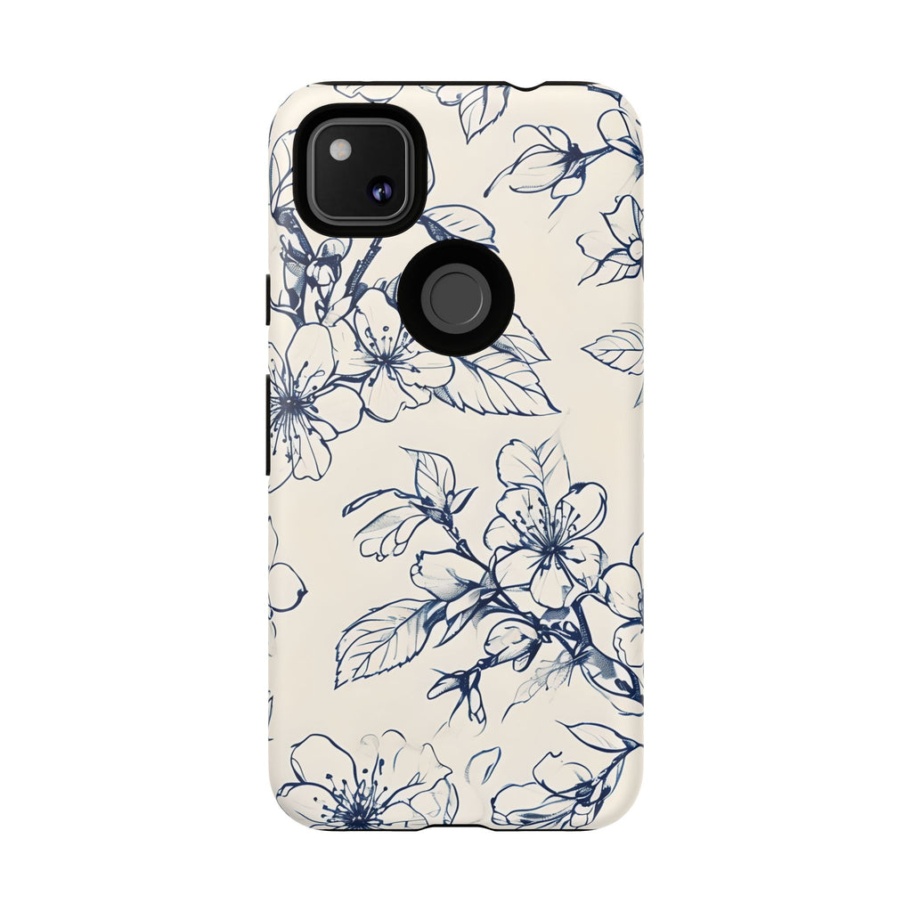 Blossom Sketch - Artistic Blue Floral Google Pixel 4a - Tough Phone Case - Hand-Drawn Botanical Design