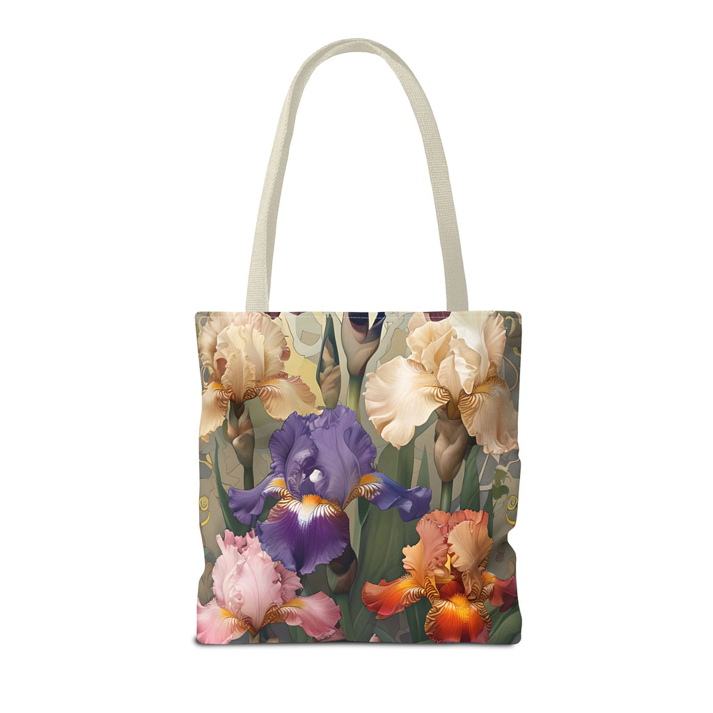Iris Reverie Tote Bag (16x16 & 18x18)- Vintage Beige Canvas with Soft Purple, Pink and Orange Irises, Reusable & Eco-Friendly