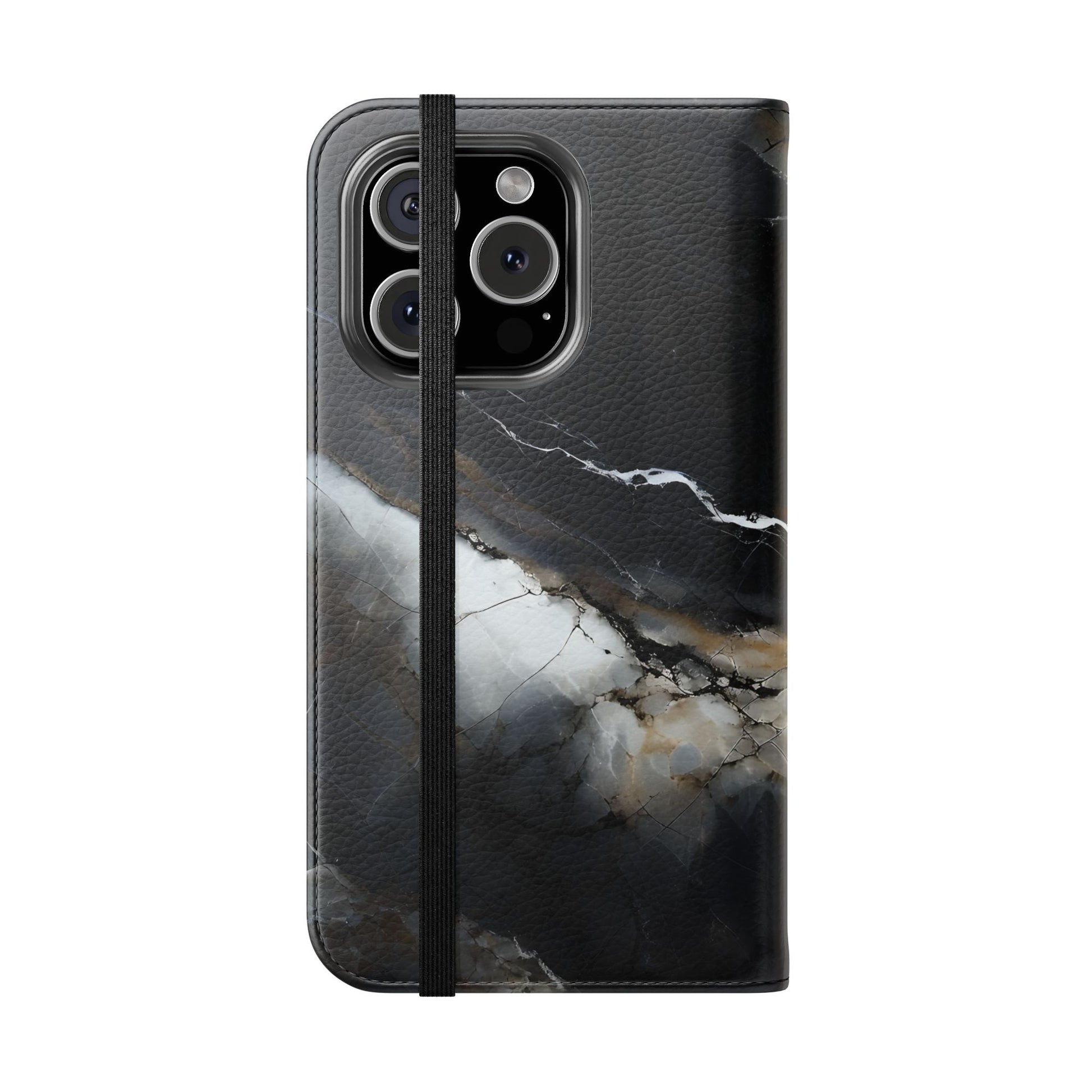 Obsidian Vein Wallet Phone Case - Black & White Marble - Flip Cover for iPhone 16 Pro