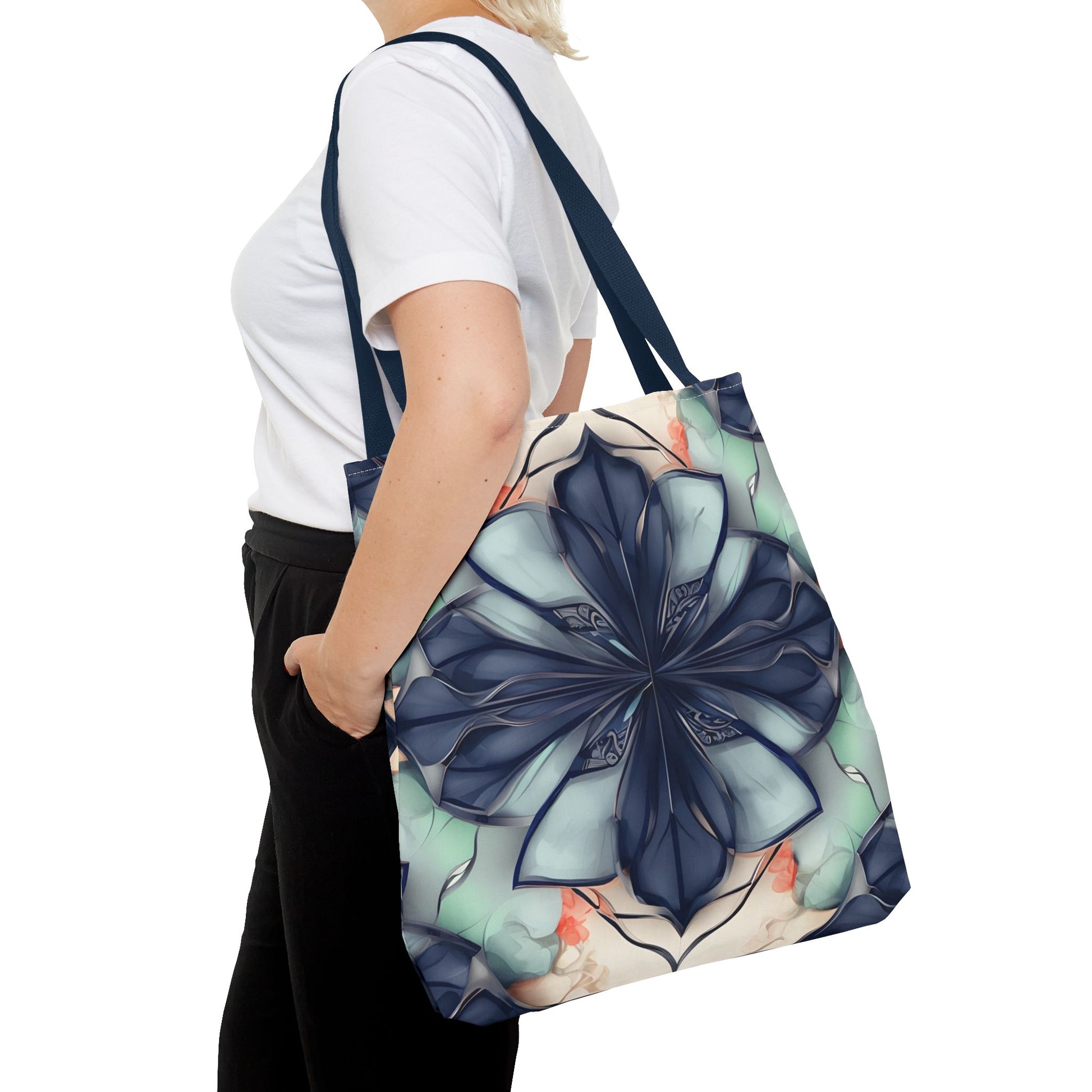 Midnight Mosaic Canvas Tote Bag (16x16 & 18x18)- Premium Navy Handle Designer Tote, Artistic Eco-Friendly Shopping Bag