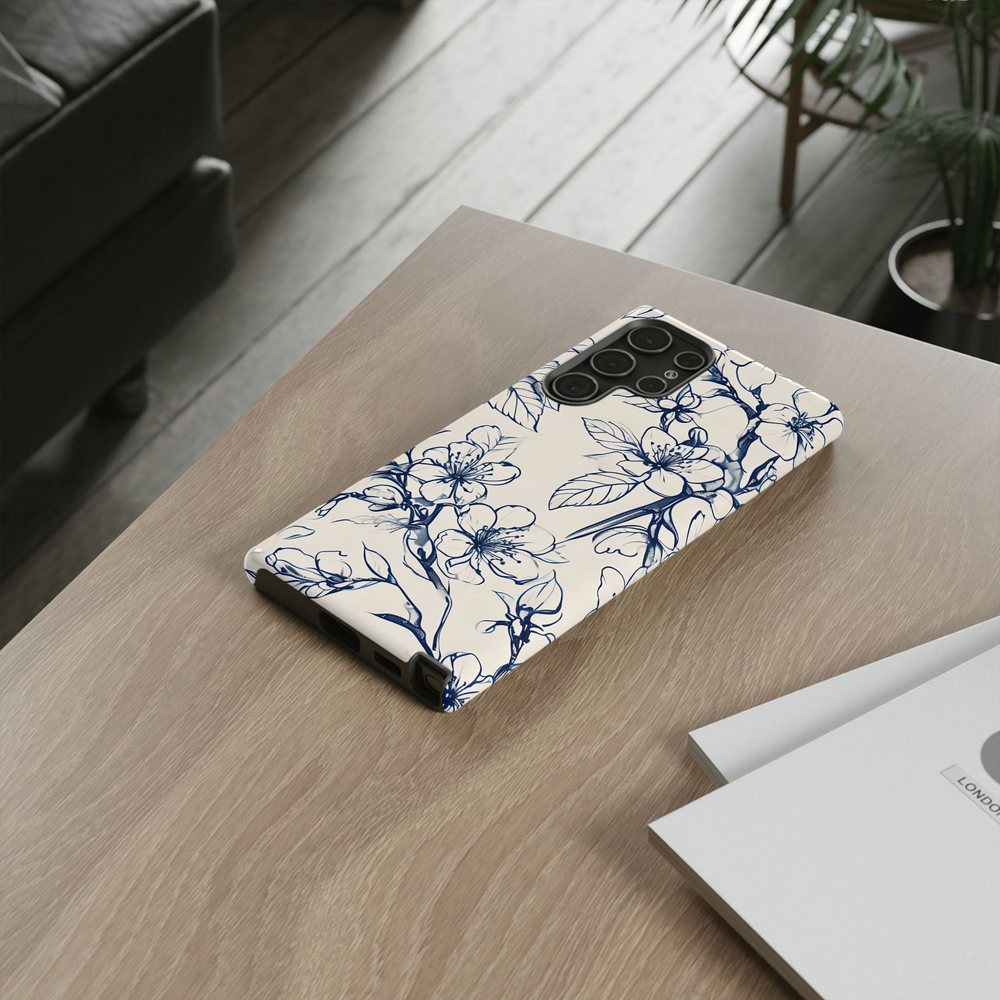 Blossom Sketch - Artistic Blue Floral Samsung Galaxy S22 Ultra Tough Phone Case - Hand-Drawn Botanical Design