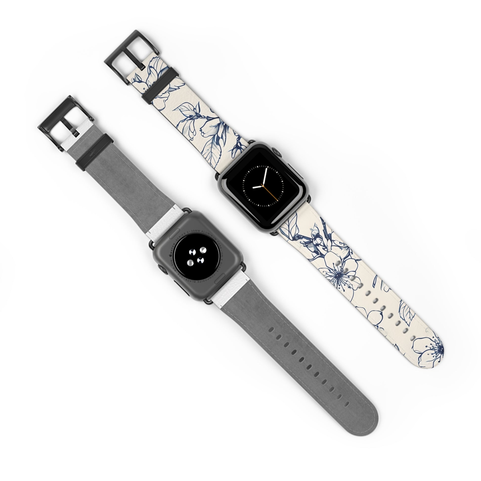 Blossom Sketch Apple Watch bands shown on two watches front and back highlighting minimalist blue floral artwork