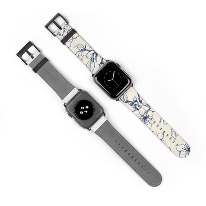 Blossom Sketch Apple Watch bands shown on two watches front and back highlighting minimalist blue floral artwork
