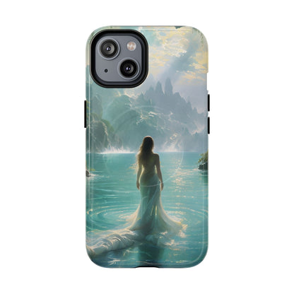 Phone case with a woman in a white dress standing in water and mountains in the background