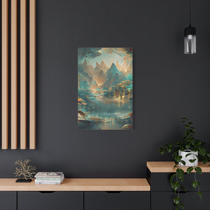 Misty Horizon wall art canvas displayed on a dark accent wall in a modern living room