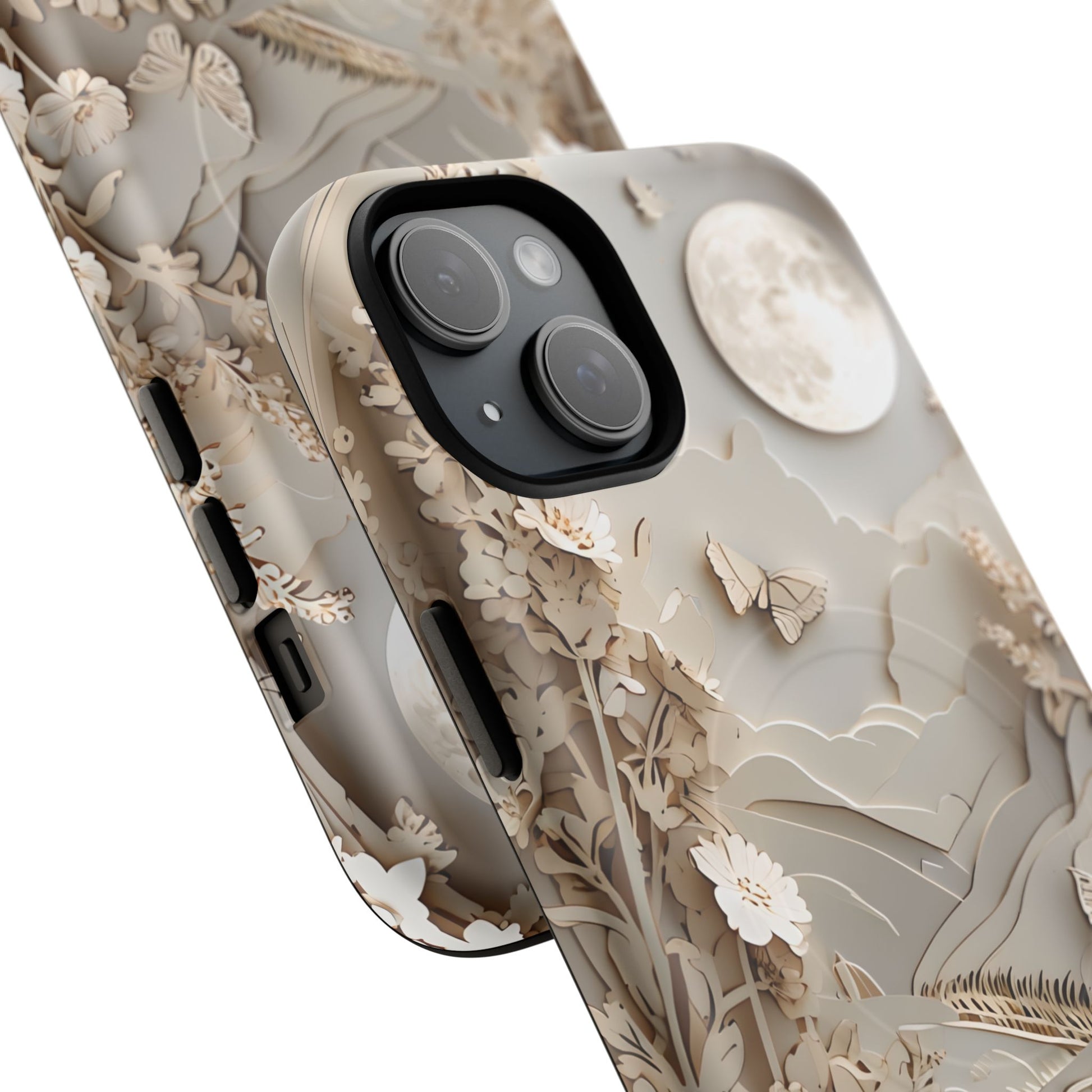 Moonlit Garden - Elegant Neutral Floral iPhone 15 Plus MagSafe Phone Case - Painterly Botanical & Moon Design