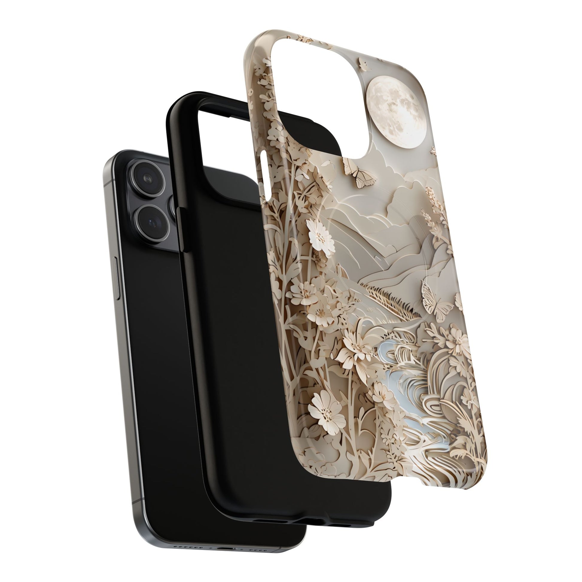 Moonlit Garden - Elegant Neutral Floral iPhone 15 Pro Max MagSafe Phone Case - Painterly Botanical & Moon Design