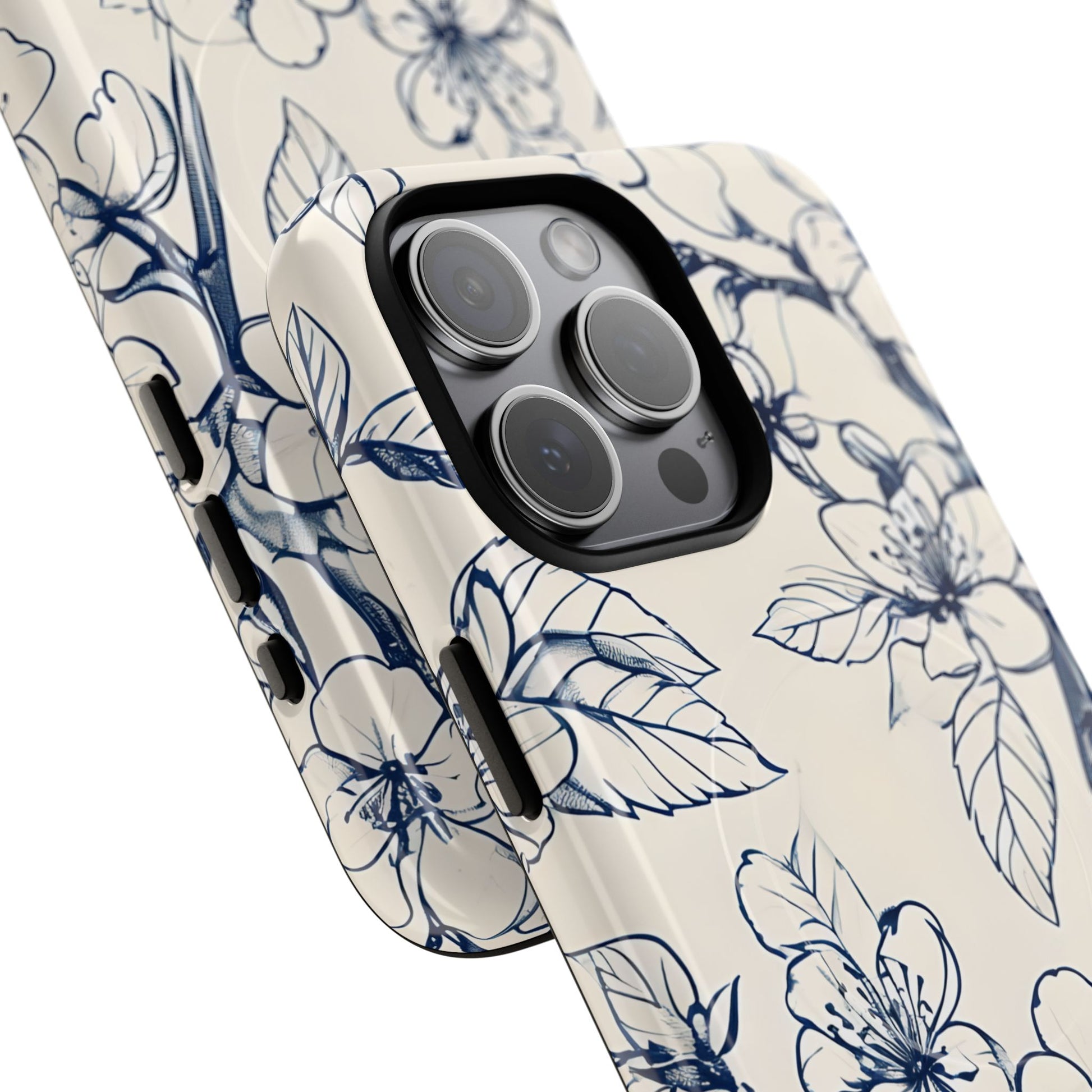 Blossom Sketch - Artistic Blue Floral - iPhone 15 Pro Max MagSafe Phone Case - Hand-Drawn Botanical Design