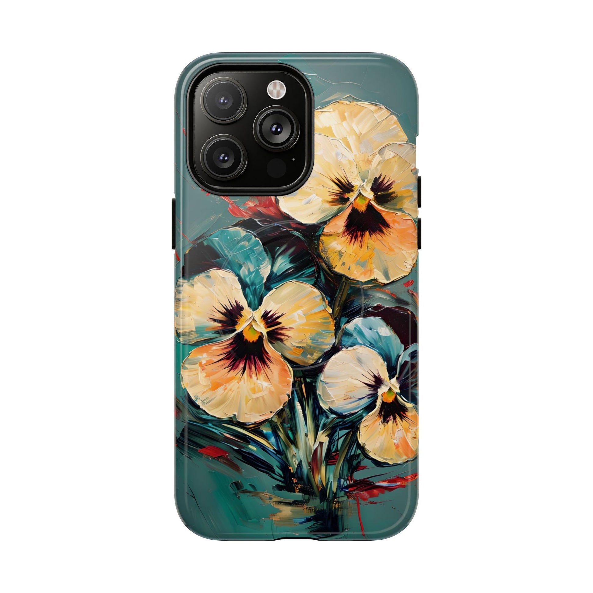 Golden Pansy Cascade - Elegant Floral iPhone 14 Pro Max MagSafe Case with Deep Teal Background