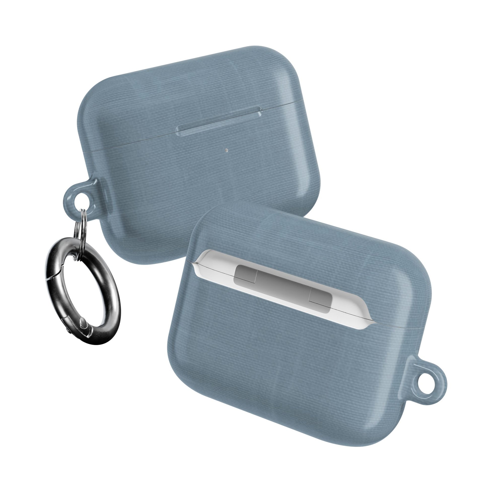 Two Blue Grey Linen AirPods cases angled view showing fabric texture on both sides