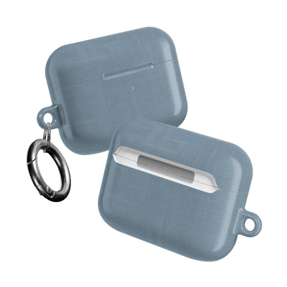 Two Blue Grey Linen AirPods cases angled view showing fabric texture on both sides