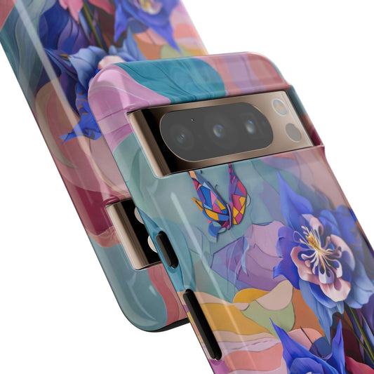 Blue Columbine Carnivale colorful columbine floral artwork Google Pixel phone case angled view