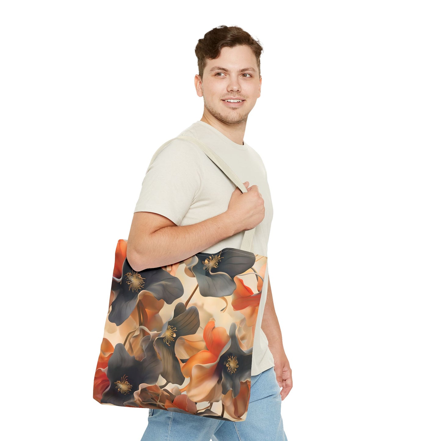 Autumn Ember Floral Tote Bag (16x16 & 18x18) - Burnt Orange & Navy Canvas Shopper