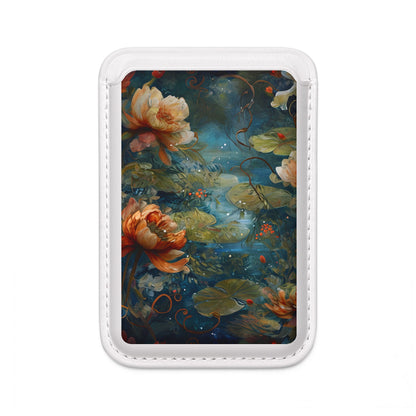 Waterlily Nocturne water lily pond botanical art MagSafe card holder on white magnetic wallet