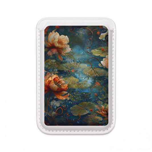 Waterlily Nocturne water lily pond botanical art MagSafe card holder on white magnetic wallet