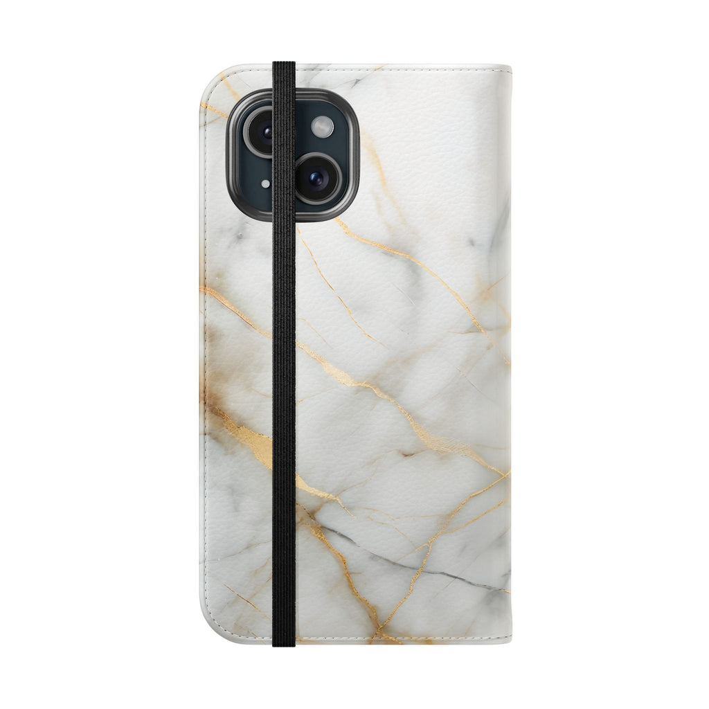 Golden Vein Wallet Phone Case - Gold & White Marble Design - Flip Cover for iPhone 15